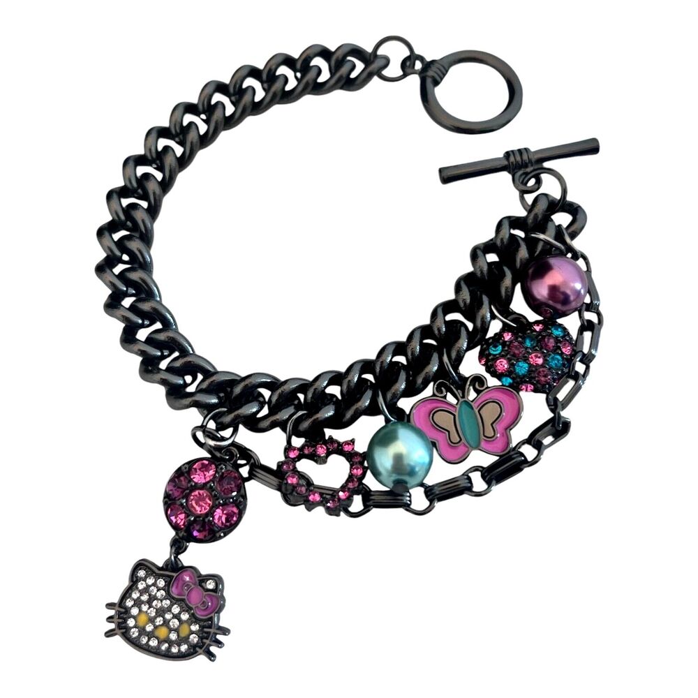 New Hello Kitty Charm Bracelet Hematite Tone Enamel Crystal - 9Q